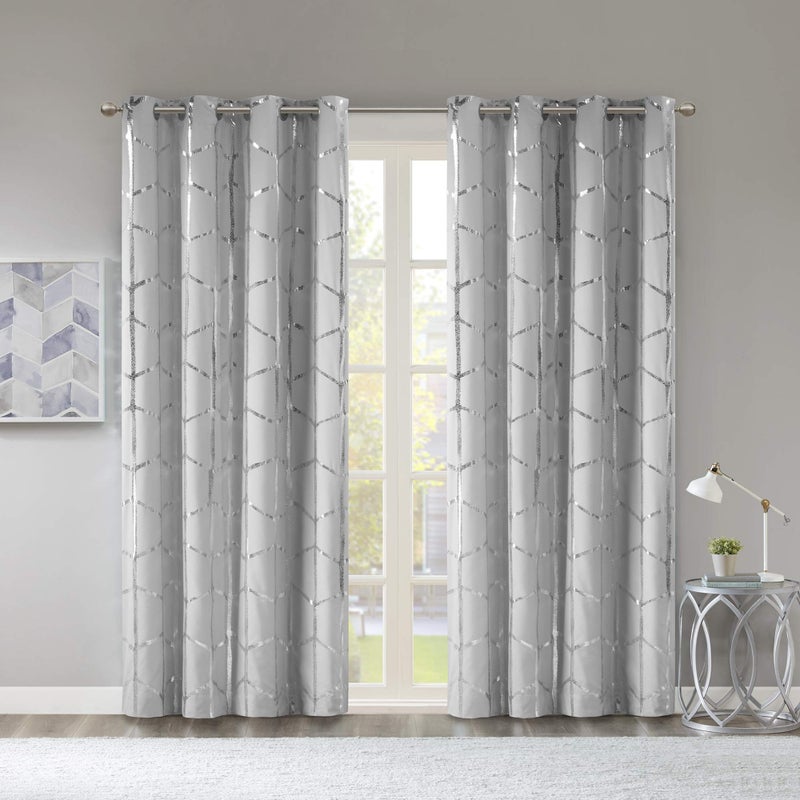 Intelligent Design Blackout Window Curtain, Light Blocking Curtains for Living Room, Thermal Insulated Window Panel with Metallic Print and Grommet Top, 50"x84", Grey/Silver, 1 Piece - Image 1